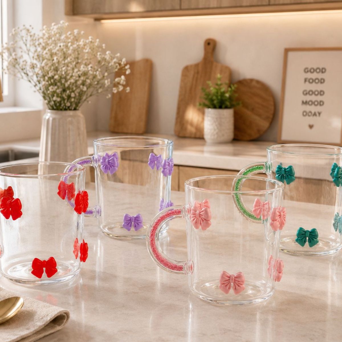 GENERICO - Taza con lazos 3D Rosa de Vidrio Borosilicato 450ML