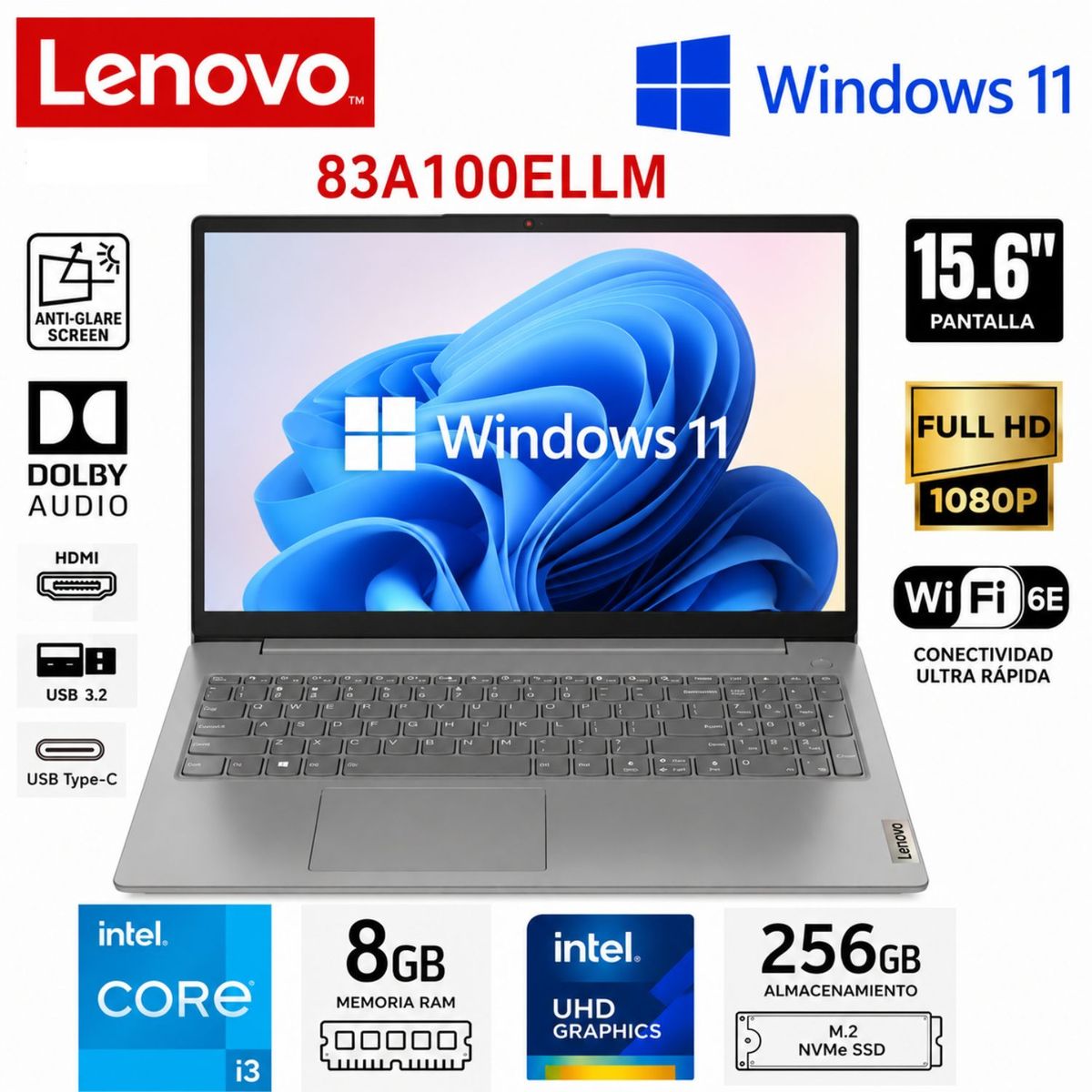 LENOVO - Laptop Lenovo V15 G4 IRU Intel Core i3-1315U 8GB RAM 256GB SSD 15,6 pulg FHD - 83A100ELLM