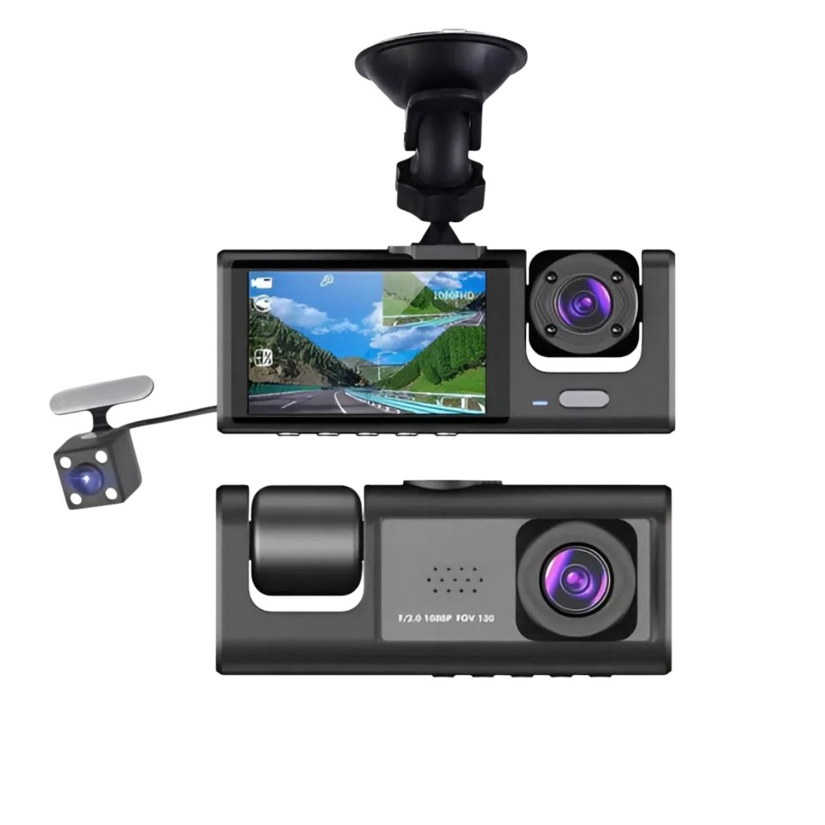 TECGO - Cámara DVR Dashcam 3 Cámaras para Auto – Grabación Frontal, Interior y Trasera