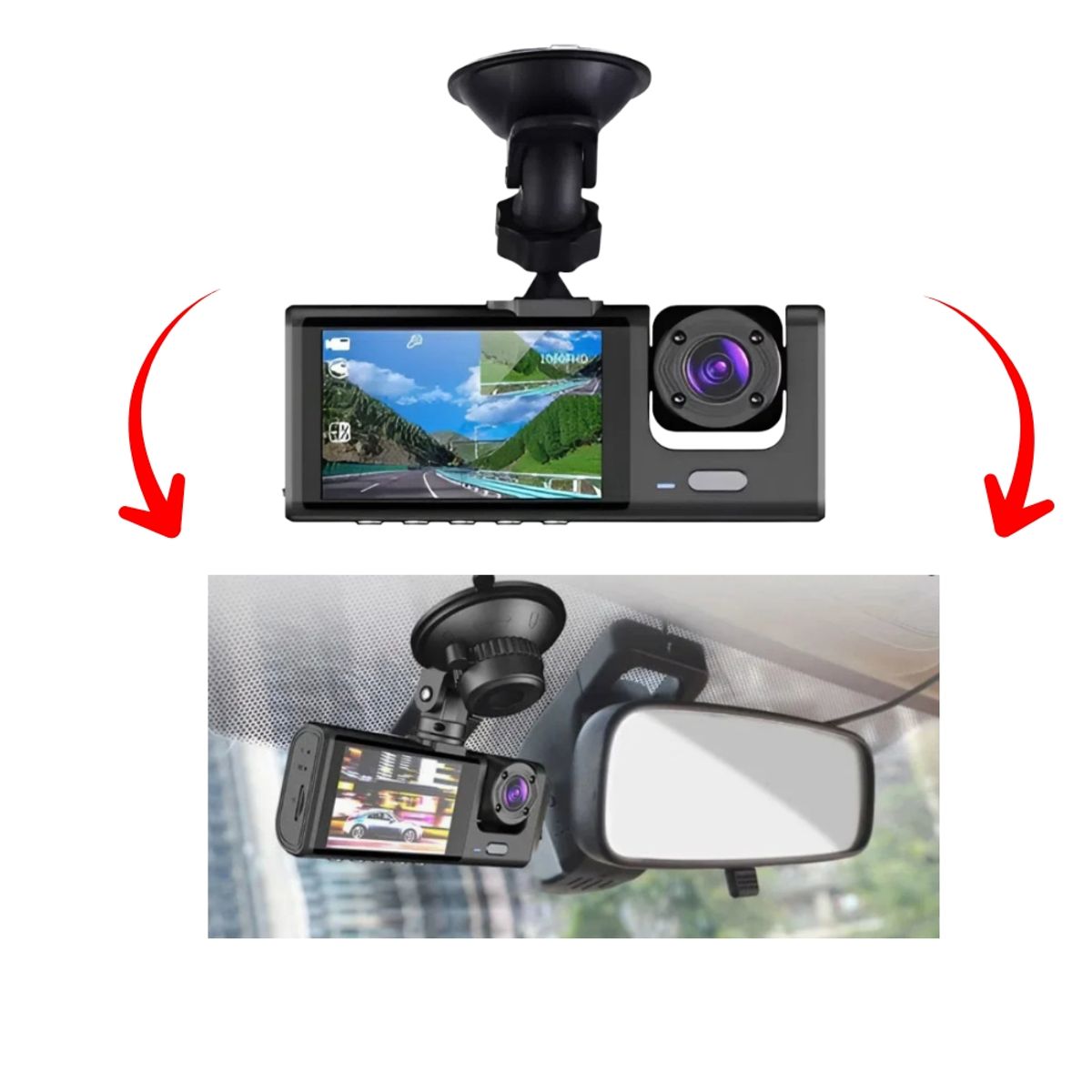 TECGO - Cámara DVR Dashcam 3 Cámaras para Auto – Grabación Frontal, Interior y Trasera