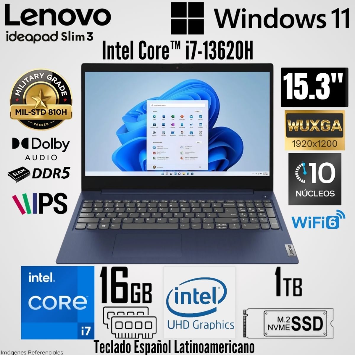 Laptop Lenovo IdeaPad Slim 3 15IRH10 Intel Core i7-13620H 16GB RAM 1TB SSD 15.3"  WUXGA - 83K100NALM, marca LENOVO - Foto Principal