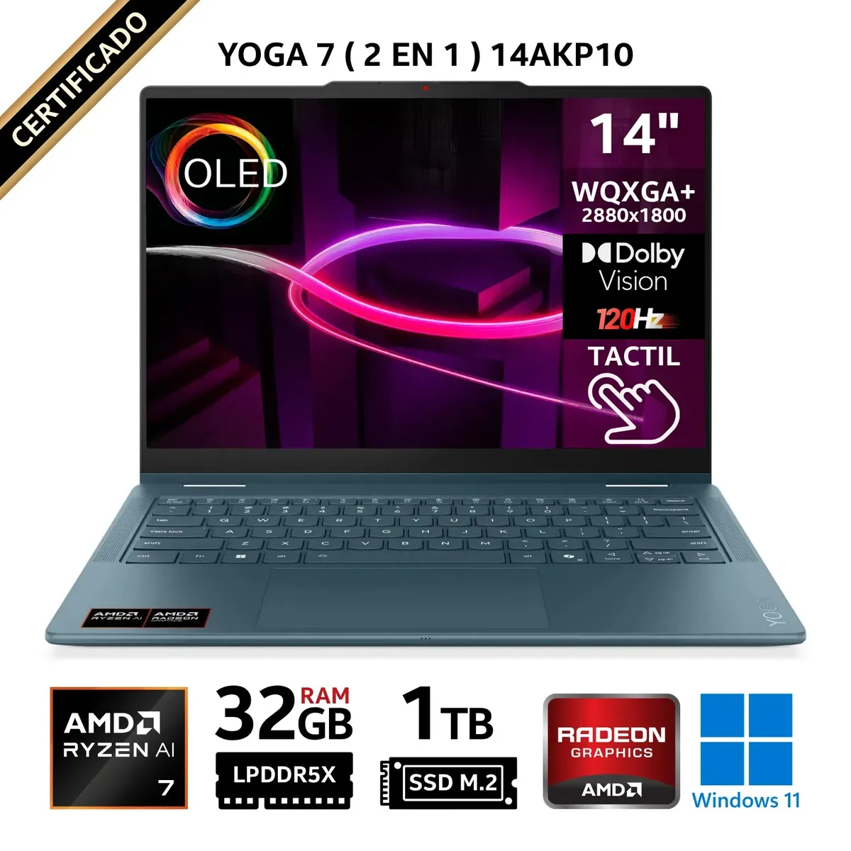 LENOVO - Laptop Lenovo Yoga 7 (2 en 1) 14AKP10, 14" OLED 2.8K Táctil, Ryzen AI 7 350, RAM 32GB, SSD 1TB, Win.