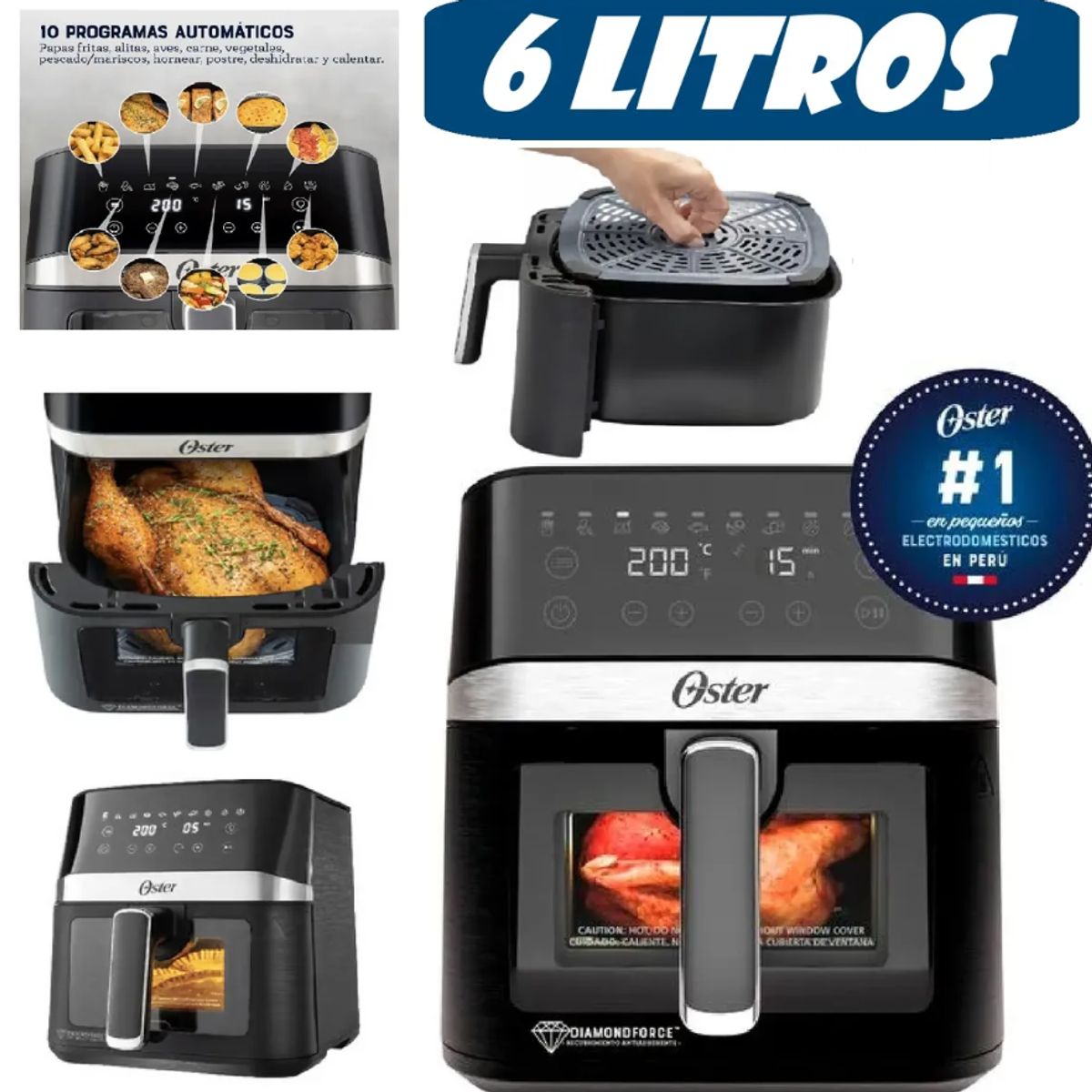 OSTER - Freidora De Aire DIgital Diamond 6Litros luz interna CKSTAF60WDDF