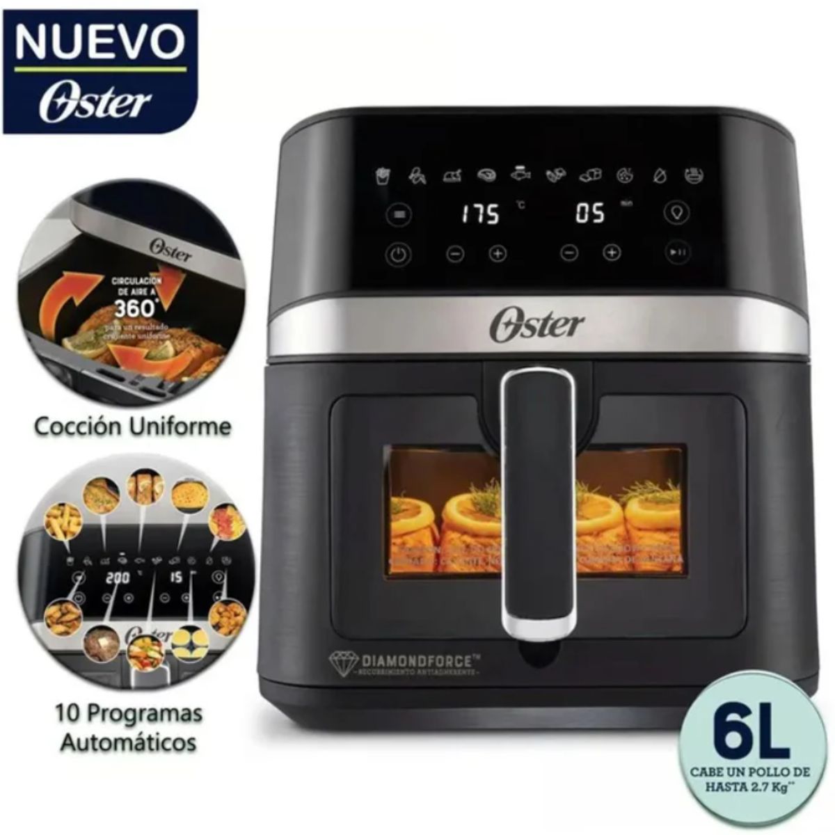 OSTER - Freidora De Aire DIgital Diamond 6Litros luz interna CKSTAF60WDDF