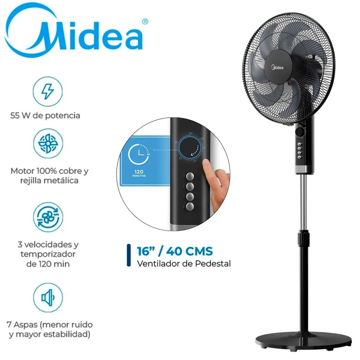 Midea - Ventilador de Pedestal 55W 3 Velocidades MFA164MB