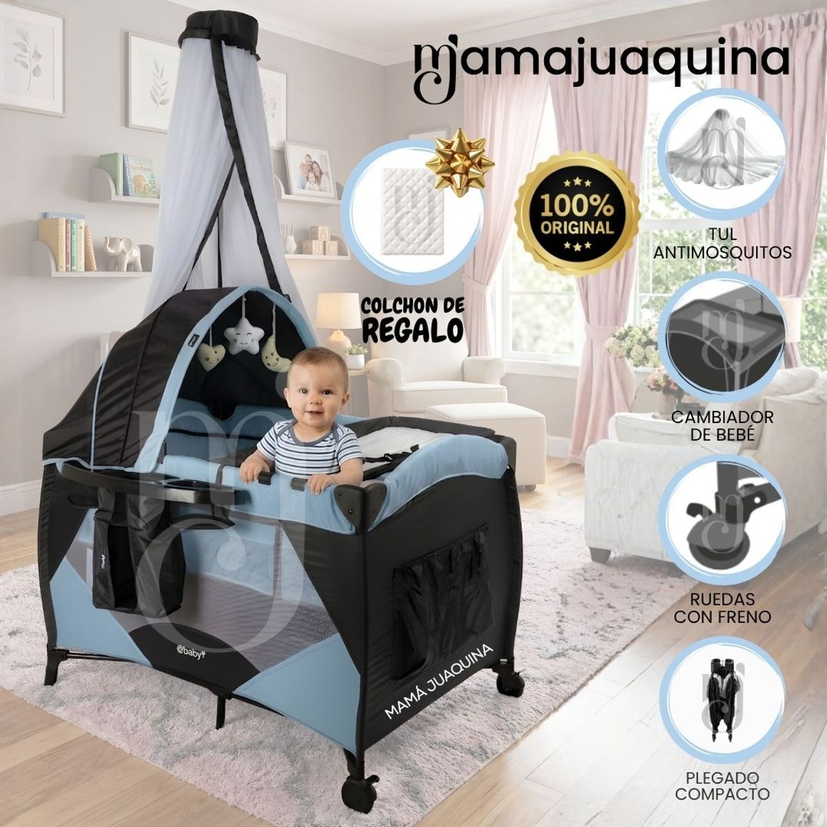 BABY - Cuna Corral de Lujo «IRIS» Light Blue con Colchón