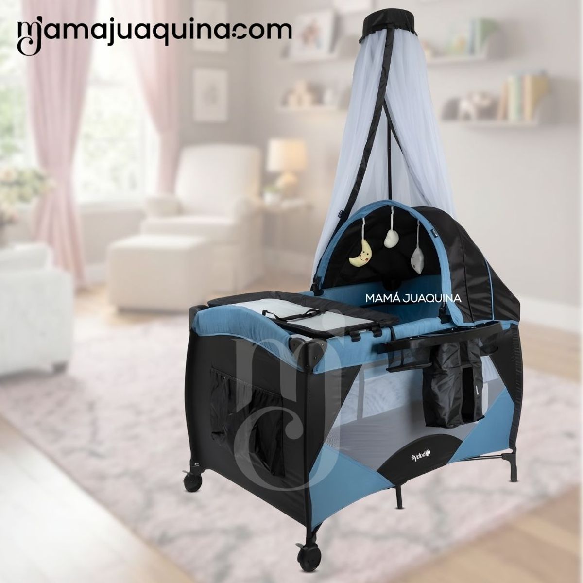 BABY - Cuna Corral de Lujo «IRIS» Light Blue con Colchón