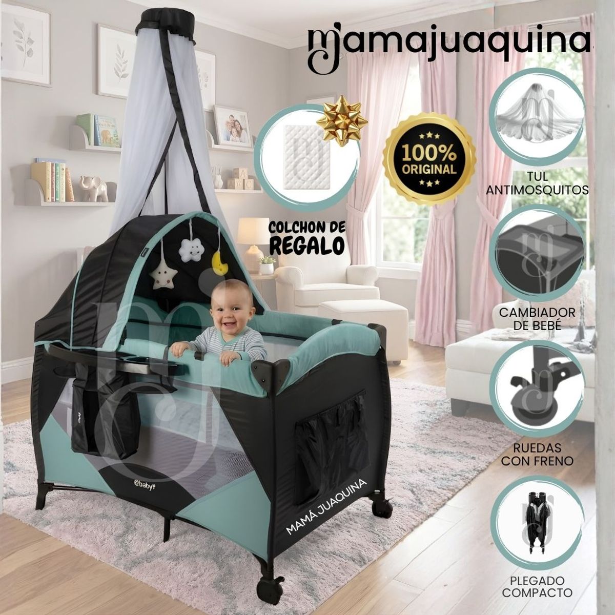 BABY - Cuna Corral de Lujo «IRIS» Light Green con Colchón