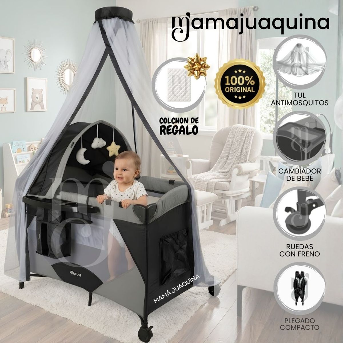 BABY - Cuna Corral de Lujo «IRIS» Gray con Colchón