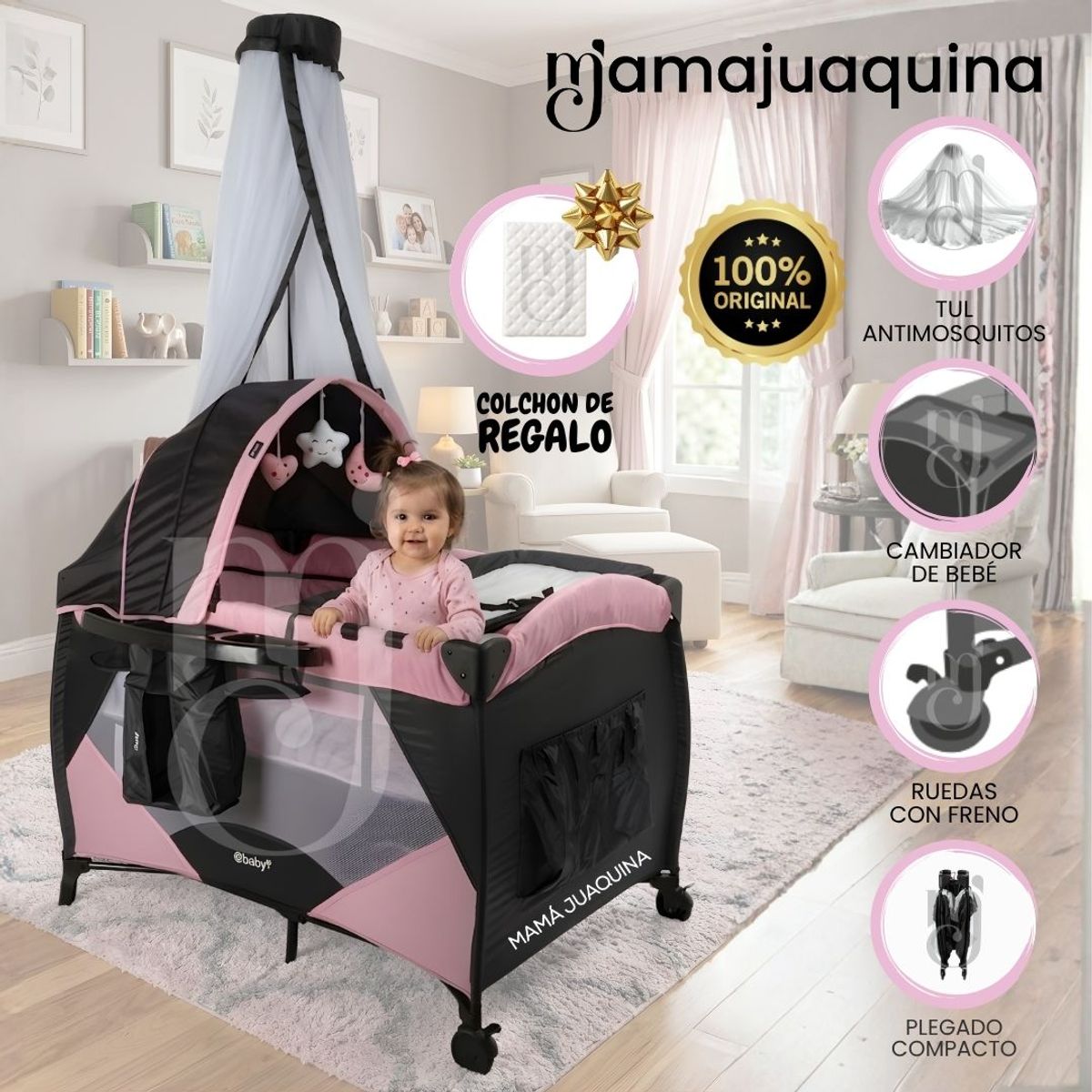 BABY - Cuna Corral de Lujo «IRIS» Pink con Colchón
