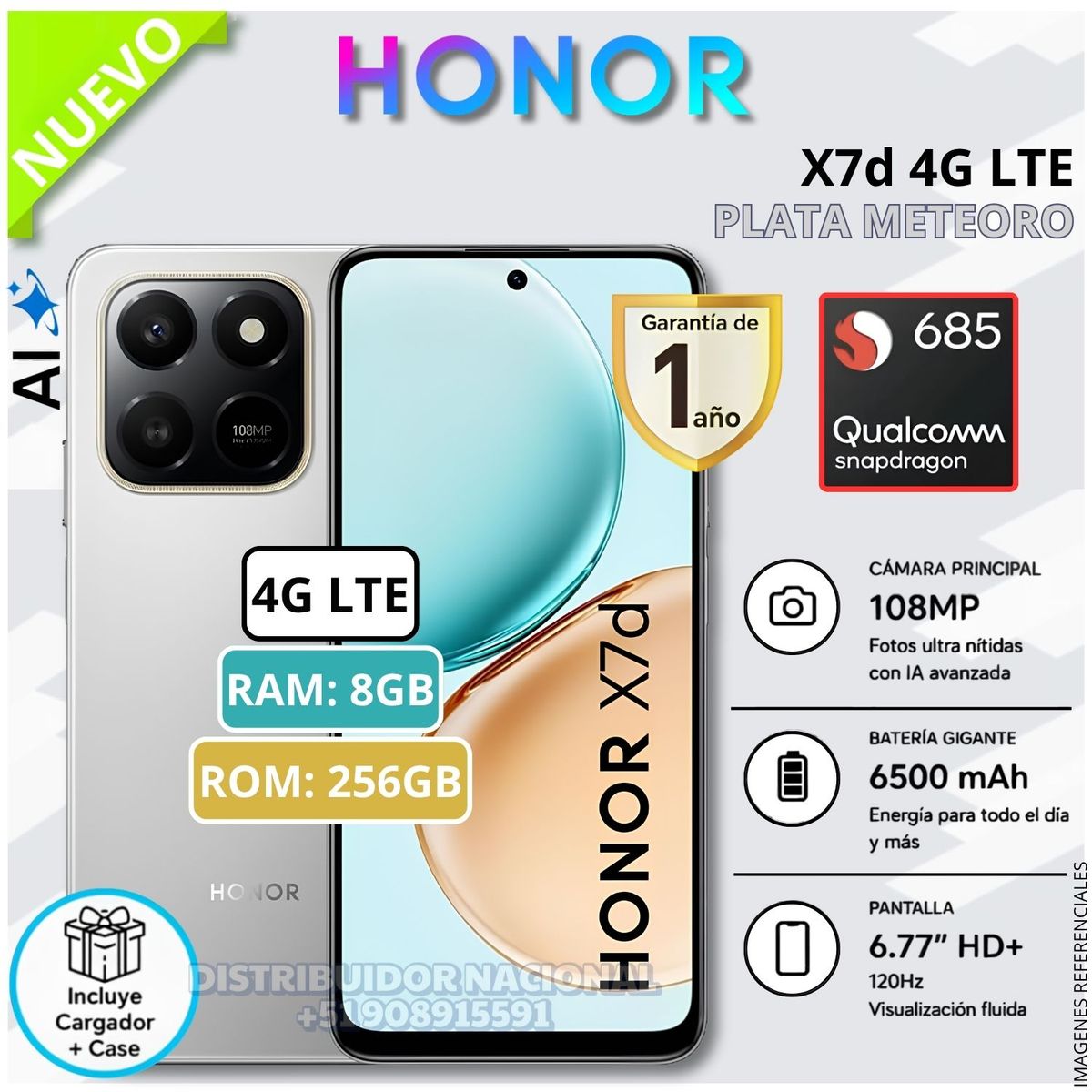 HONOR - Celular Smartphone Honor X7D 256GB ROM 6GB RAM 108 MP 6500 mAh Android 15 - Plata Meteoro