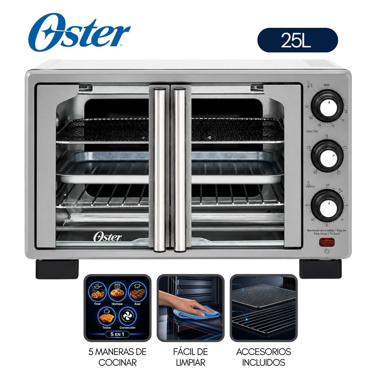 OSTER - Horno con freidora de aire Oster® de 25 litros, puertas francesas, TSSTTV25FDMAFNS