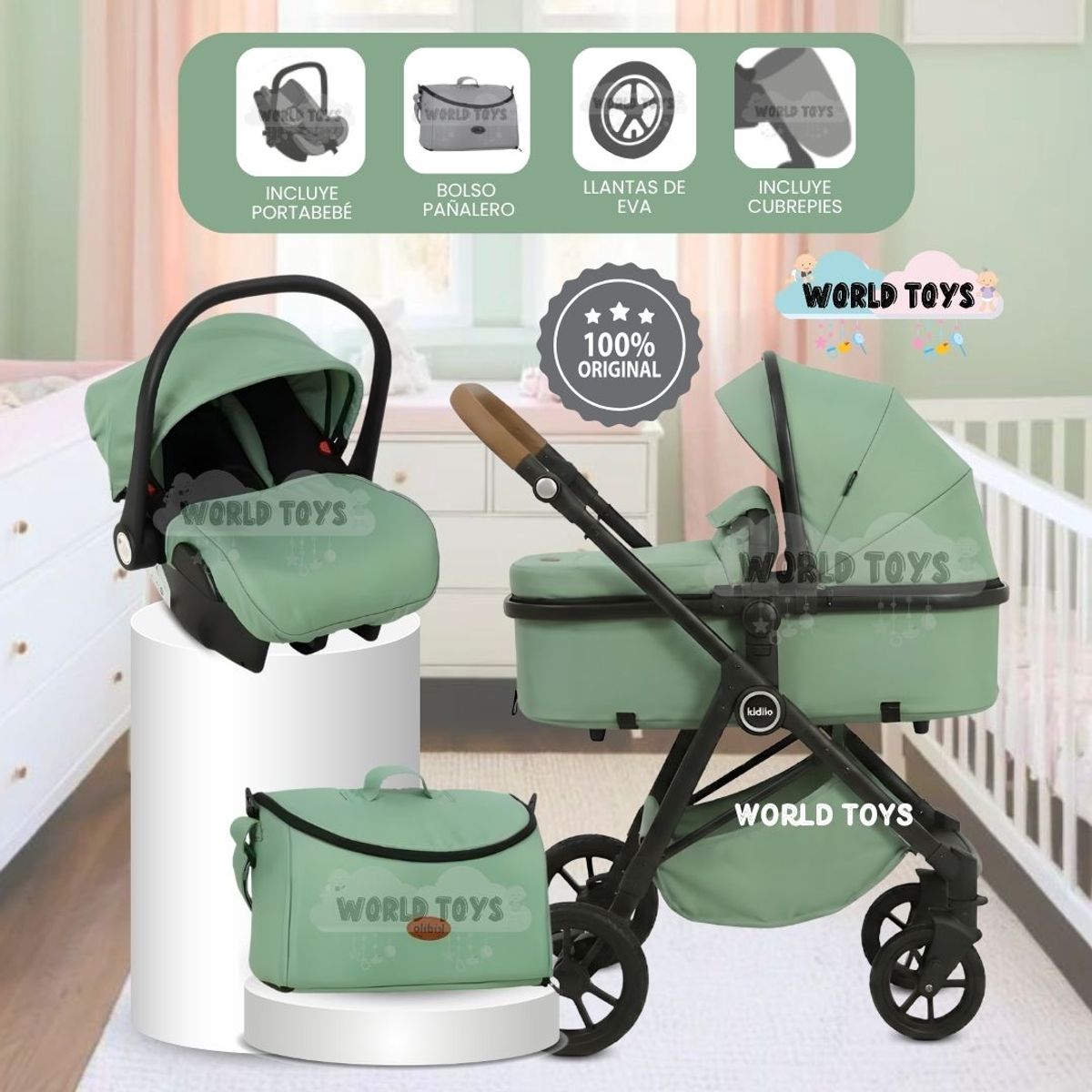 BABY - Coche Moisés Travel System «GRAND KINDY» con Porta Bebé & Bolsa Pañalera Green