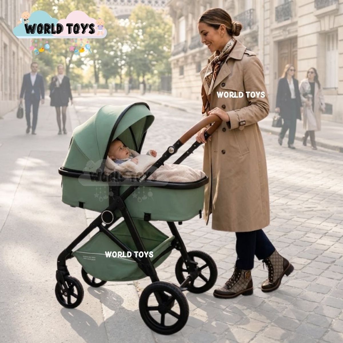 BABY - Coche Moisés Travel System «GRAND KINDY» con Porta Bebé & Bolsa Pañalera Green