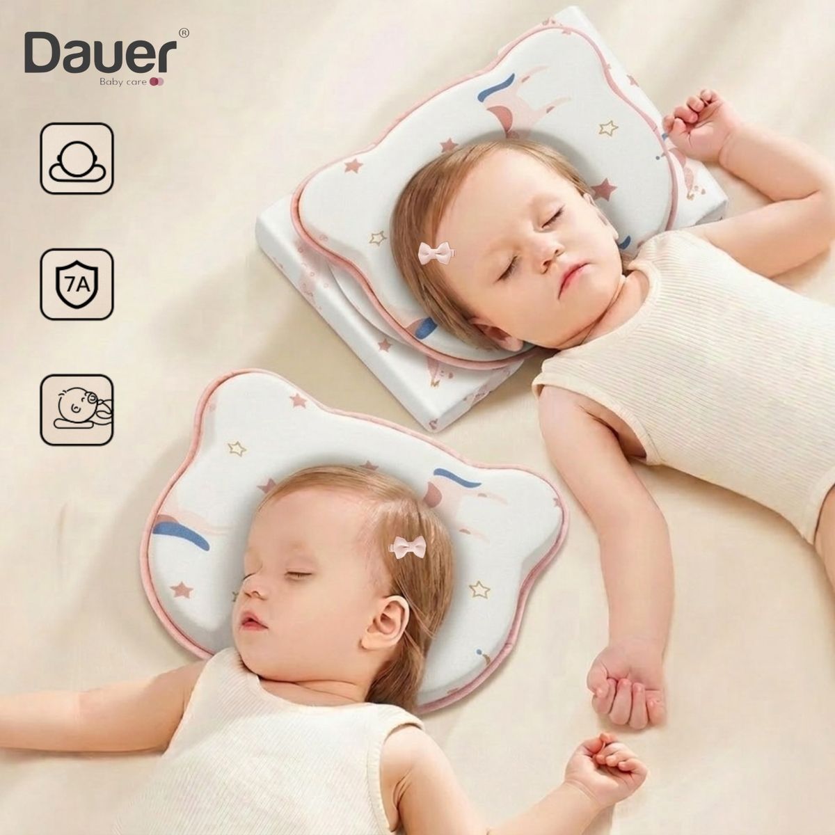 DAUER - Kit de Almohadas 3 en 1 para Bebé Sistema Antivuelco y Moldeado + 2 Cuñas Antivuelco Niña