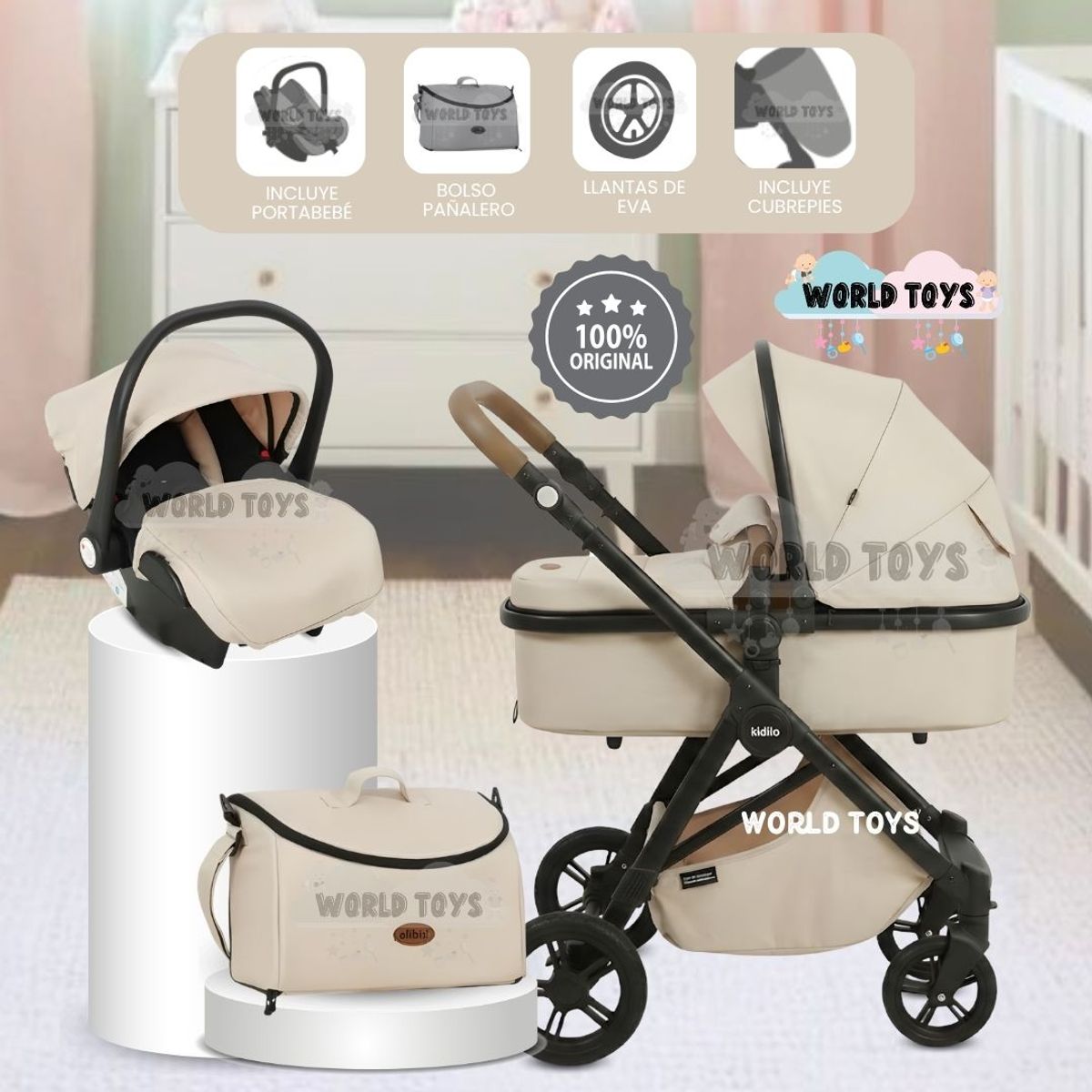 BABY - Coche Moisés Travel System «GRAND KINDY» con Porta Bebé & Bolsa Pañalera Beige