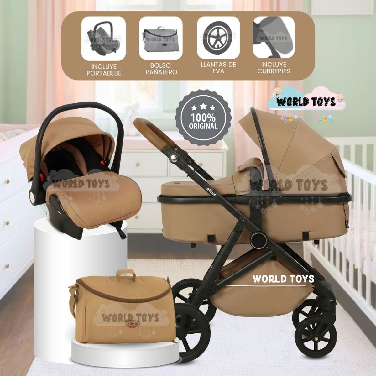 BABY - Coche Moisés Travel System «GRAND KINDY» con Porta Bebé & Bolsa Pañalera Camel