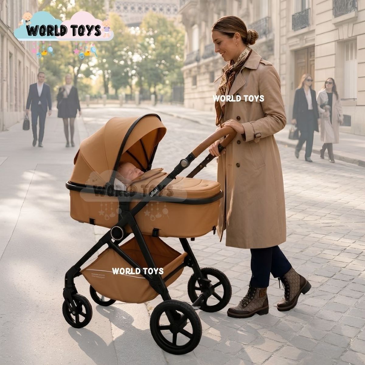 BABY - Coche Moisés Travel System «GRAND KINDY» con Porta Bebé & Bolsa Pañalera Camel