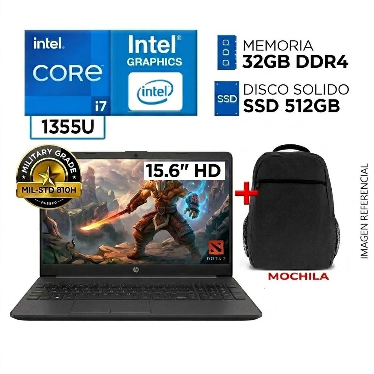 HP - Laptop HP Intel Core i7 1355U RAM 32GB SSD 512GB 250 G10 13va Gen 15.6" HD + MOCHILA