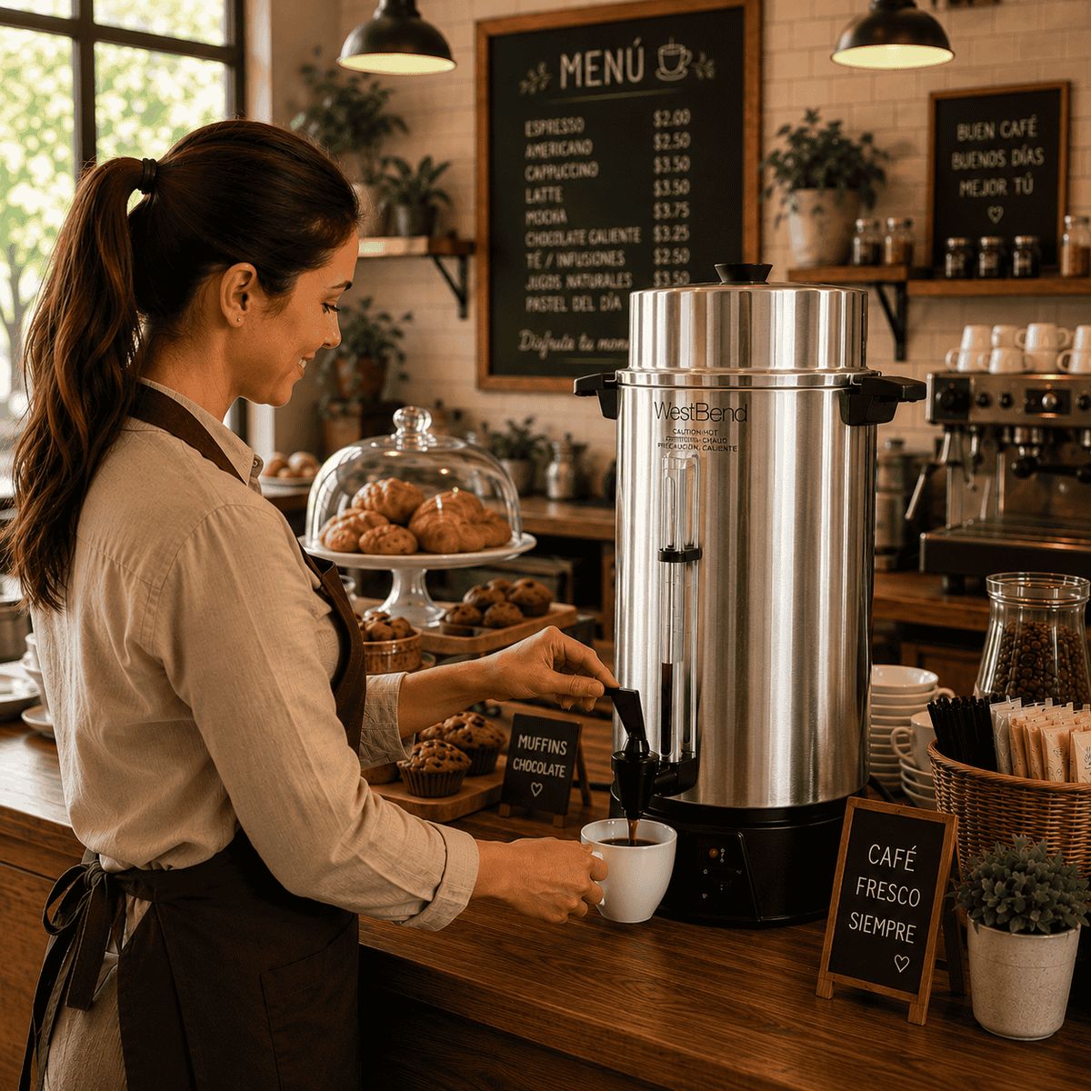 FRITECSA - Cafetera Westbend para Café Pasado De 16.3 litros + 12 Tazas Melamine Thunder Group