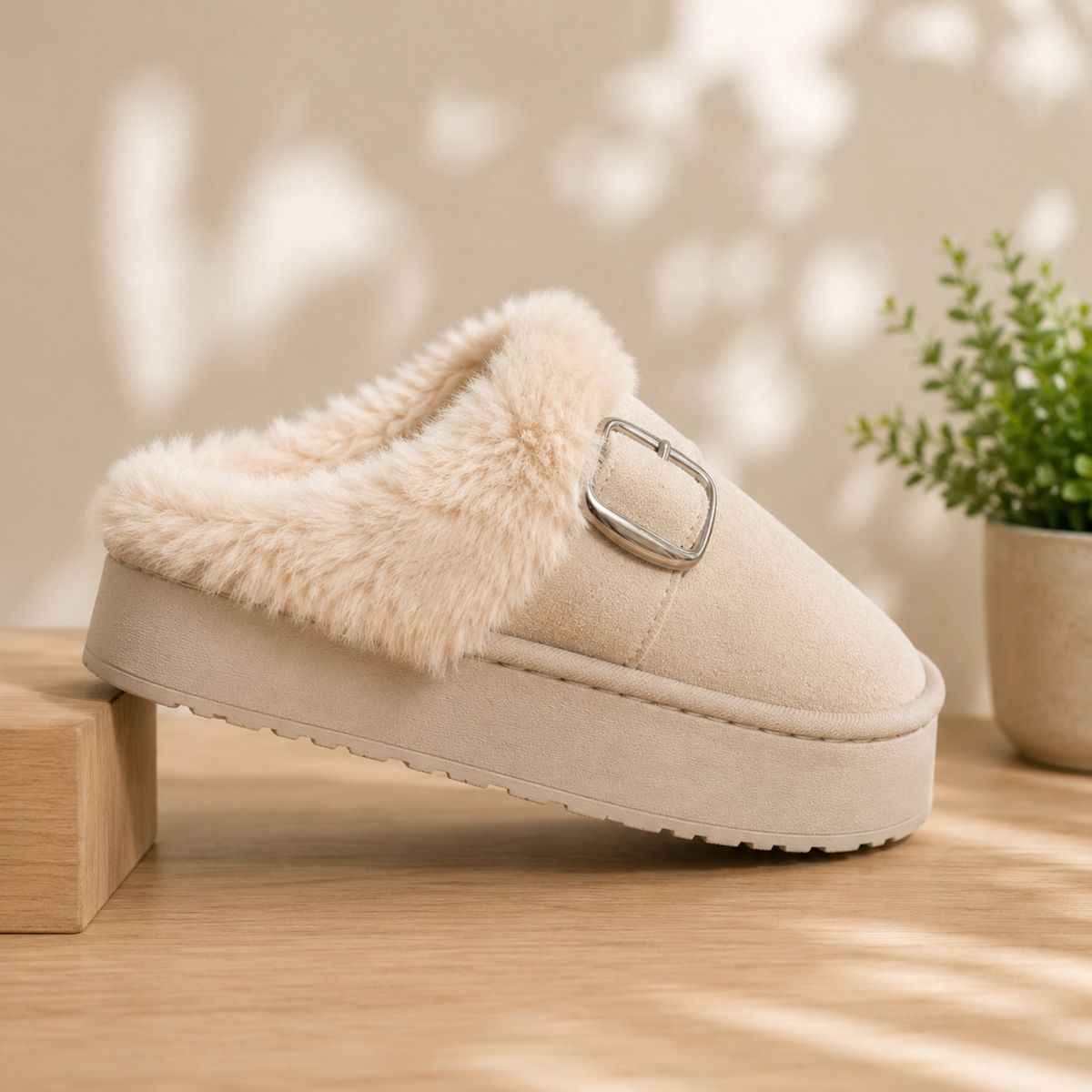 GENERICO - Pantuflas Plush Abrigadoras para Mujer - Modelo Cozy Buckle