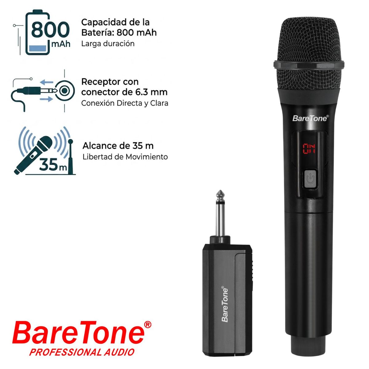 BARETONE - Micrófono Inalámbrico Baretone WM2401 Alcance 35 m Plug Jack 6.3 mm