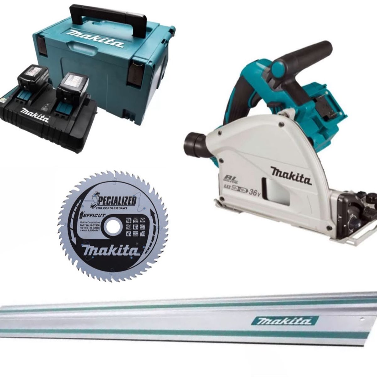 MAKITA - Sierra Circular Incisión18Vx2=36V 61/2″+ 2 bat 5ah+cargador doble puerto +Makpac+ regla de 1.5m
