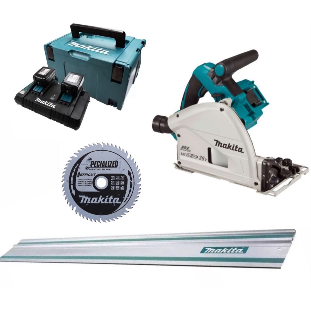 MAKITA - Sierra Circular Incisión18Vx2=36V 61/2″+ 2 bat 5ah+cargador doble puerto +Makpac+ regla de 1.5m