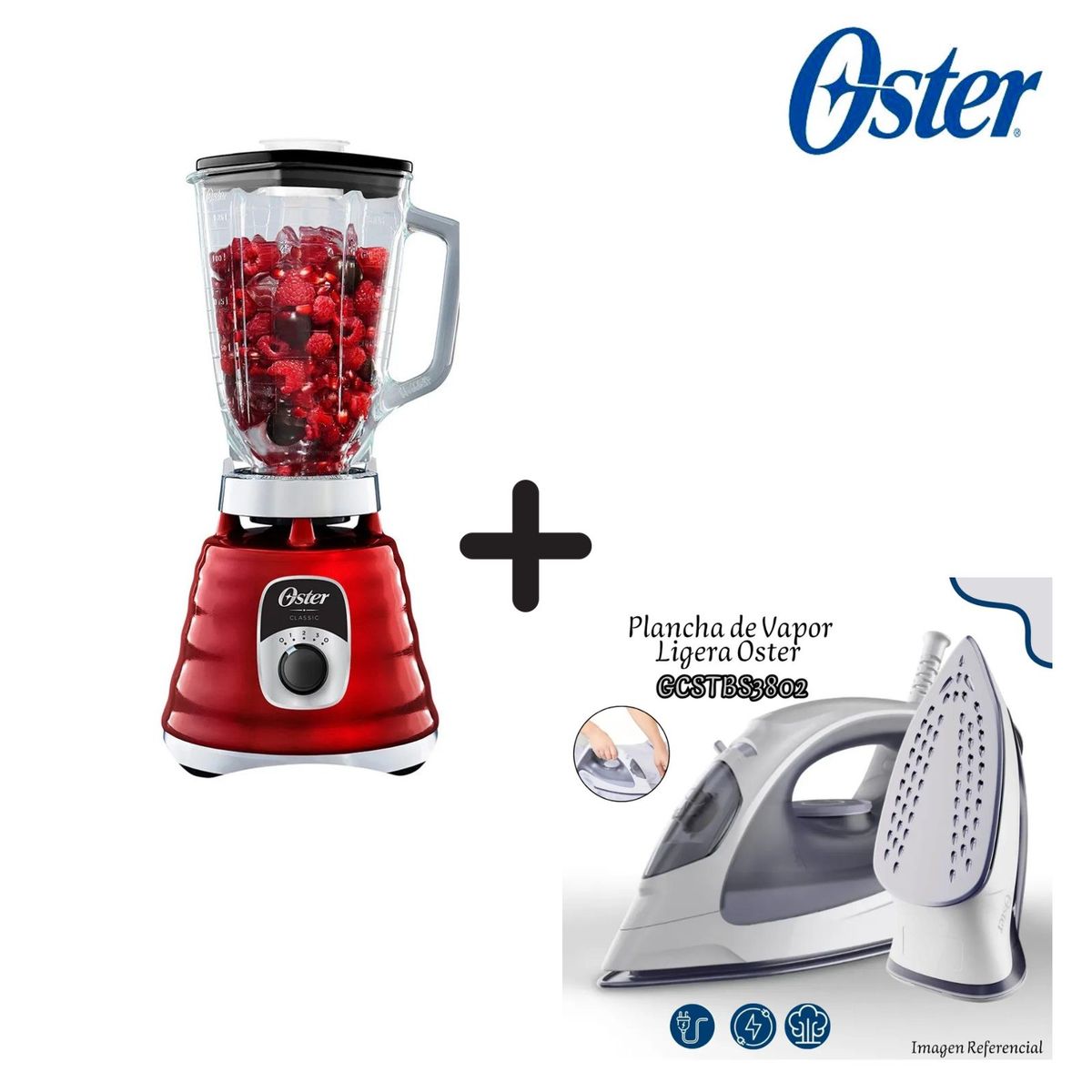 OSTER - Licuadora Oster 1000 Watts 3 Velocidades Rojo BLST4126R + Plancha a Vapor OSTER GCSTBS3802 (Combo)