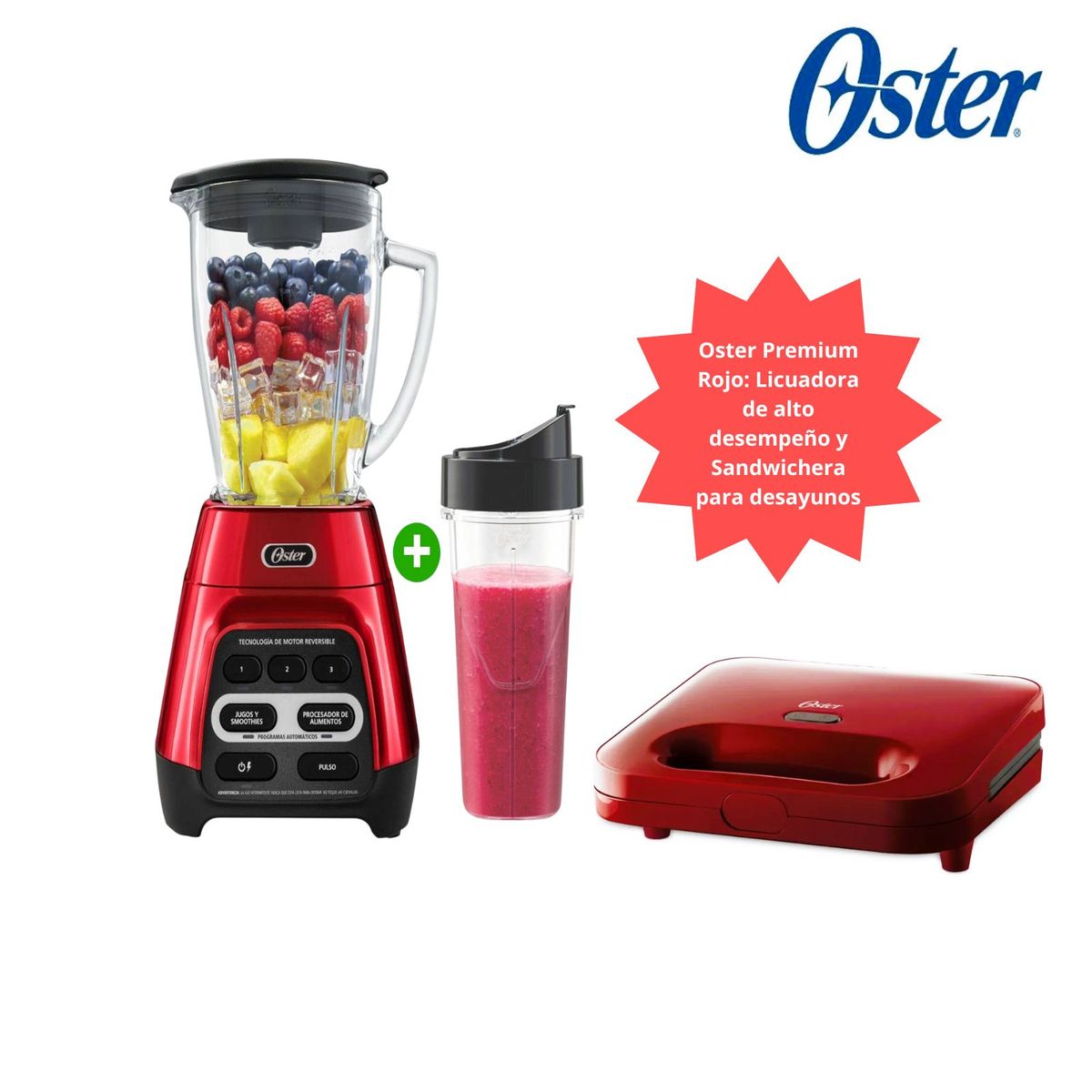 OSTER - Licuadora Oster 1000 Watts Reversible + Vaso BLSTPYG1310RBG + Sandwichera Oster Rojo CKSTSM2885R