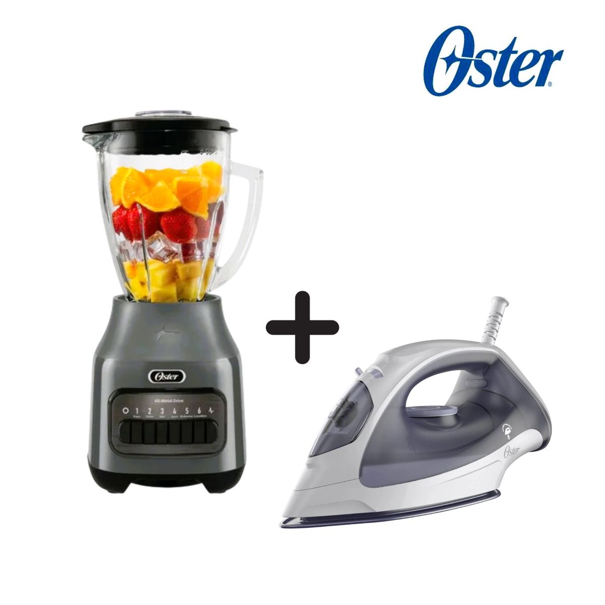 OSTER - Licuadora Oster 6 V 800 W 1.5 Litros BLSTPEG-GPB + Plancha a Vapor Oster 1200 W GCSTBS3802-053