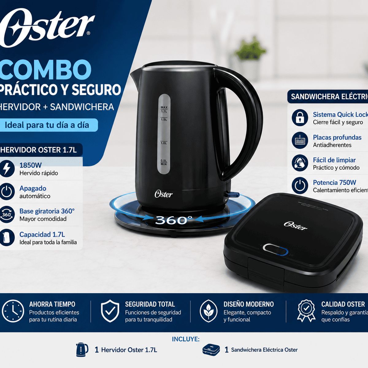 OSTER - Combo Oster Hervidor Eléctrico 1.7L + Sandwichera Eléctrica Antiadherente Cocina Desayuno