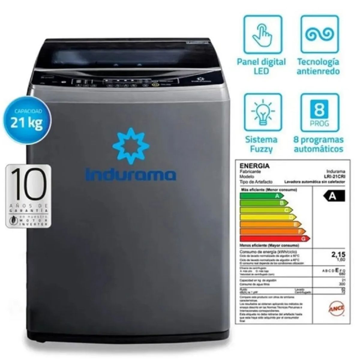 INDURAMA - Lavadora INDURAMA Carga Superior 21Kg LRI-21CRI Cromo