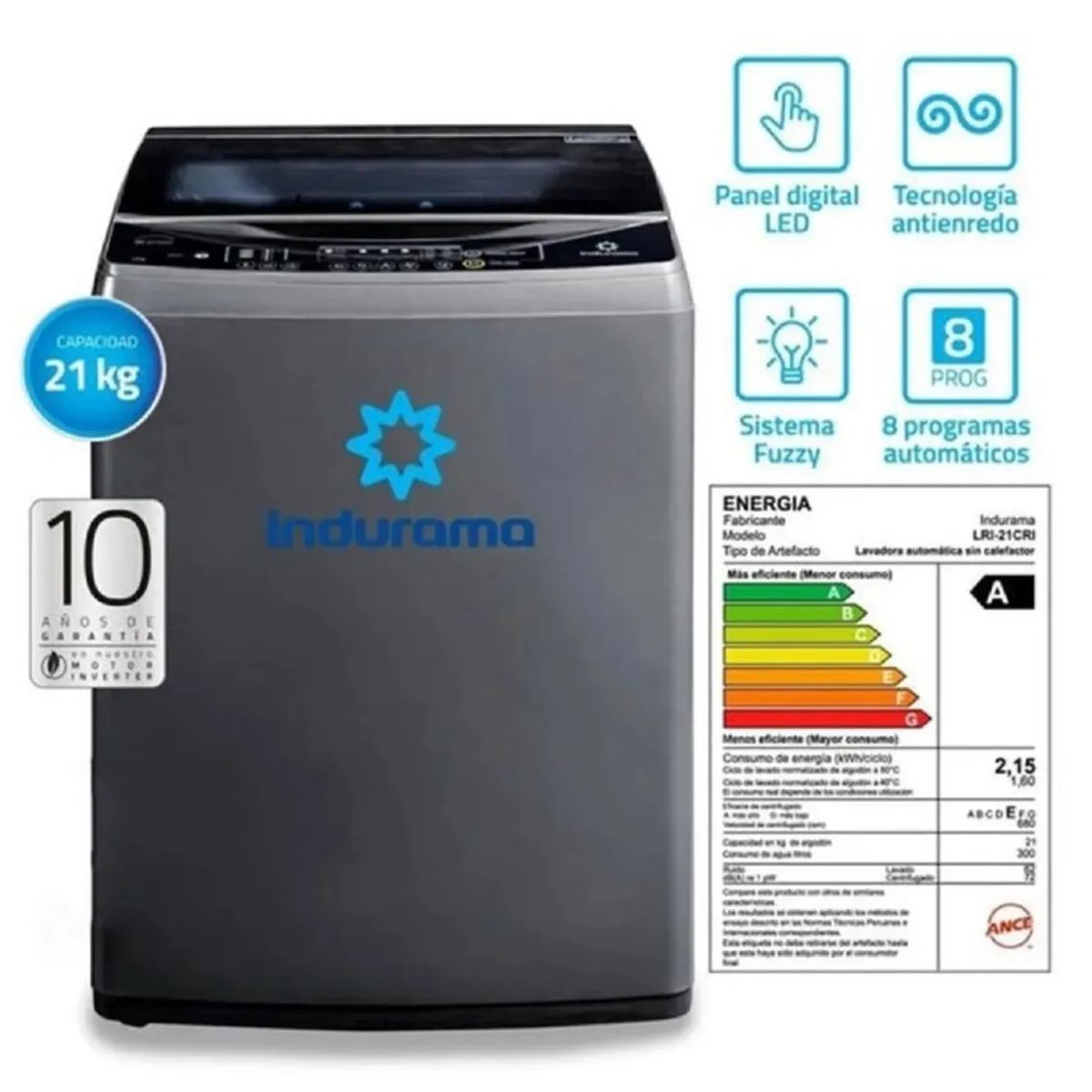 INDURAMA - Lavadora INDURAMA Carga Superior 21Kg LRI-21CRI Cromo
