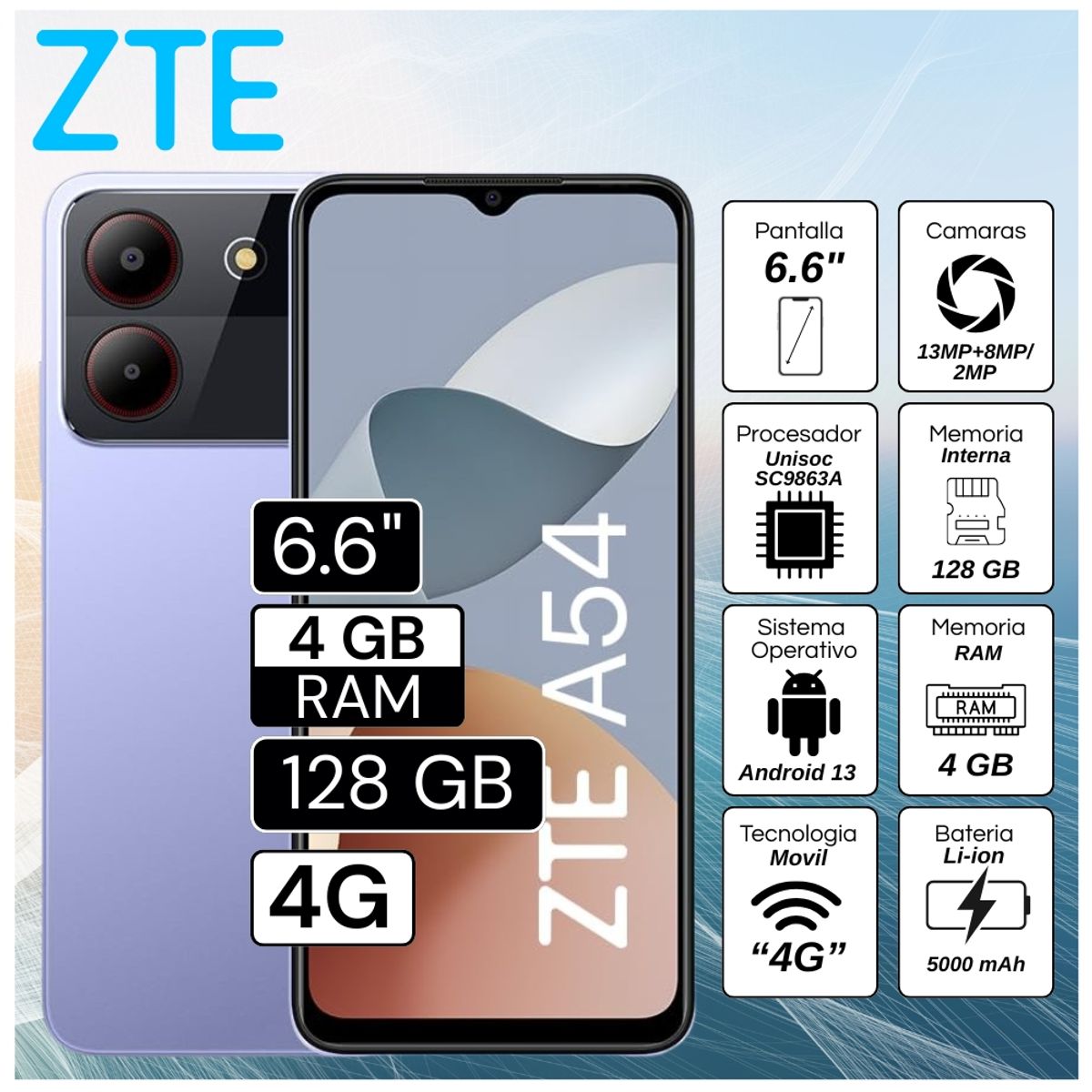 ZTE - Celular ZTE A54 6.6"  Pulg. 4GB RAM 128GB Android 13 - Gris