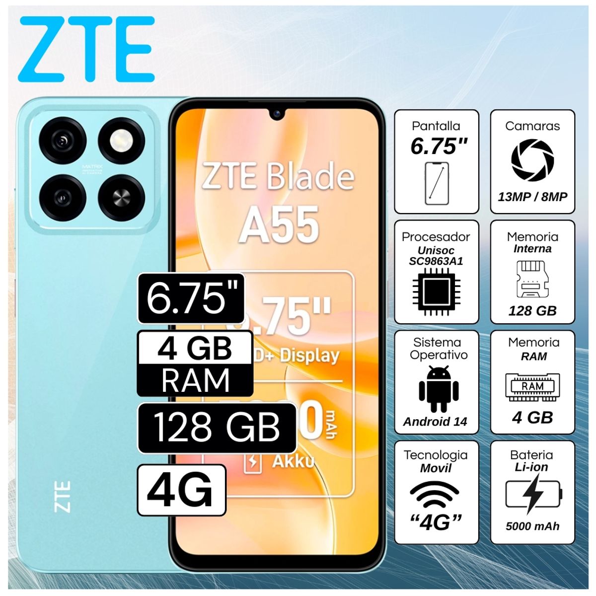 ZTE - Celular ZTE A55 6.75"  Pulg. 4GB RAM 128GB Android 14 - Azul