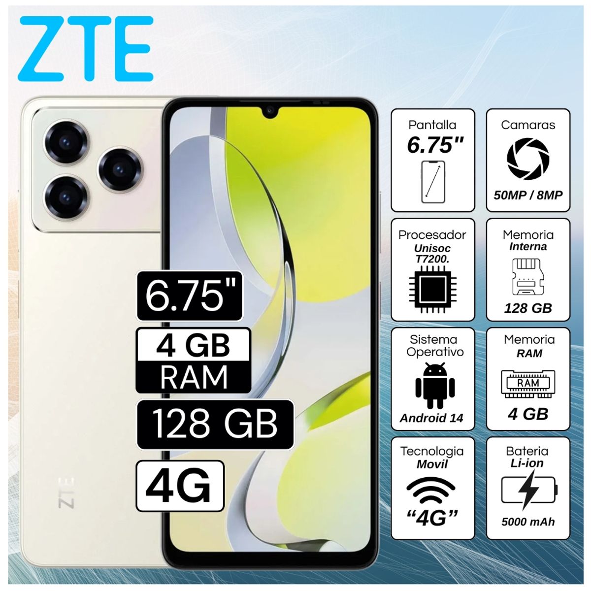 ZTE - Celular ZTE A56 6.75"  Pulg. 4GB RAM 128GB Android 14 - Dorado