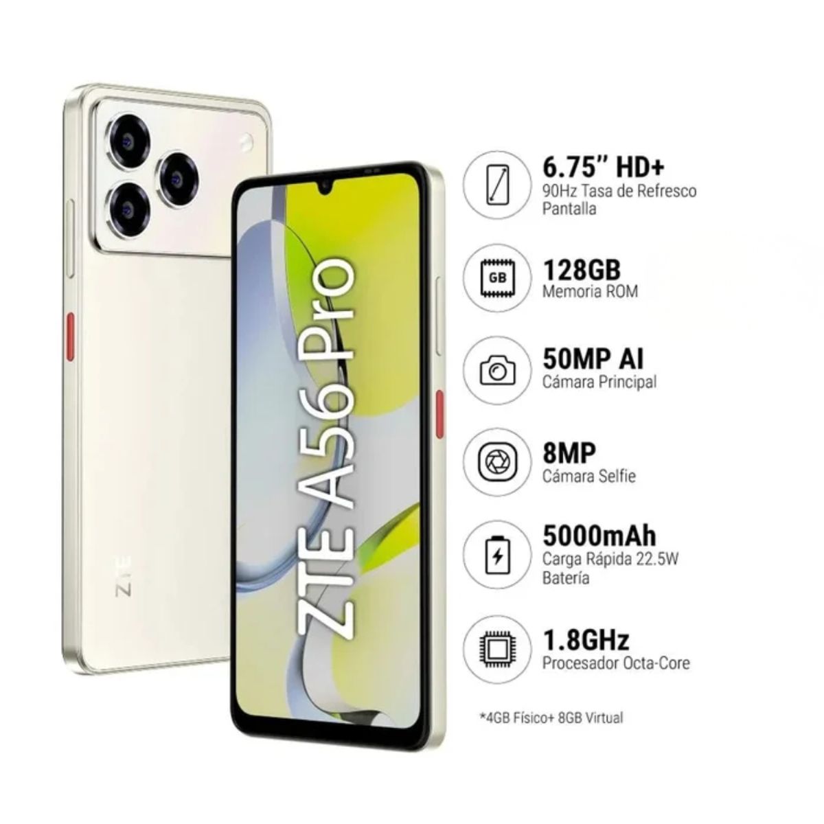 ZTE - Celular ZTE A56 6.75"  Pulg. 4GB RAM 128GB Android 14 - Dorado