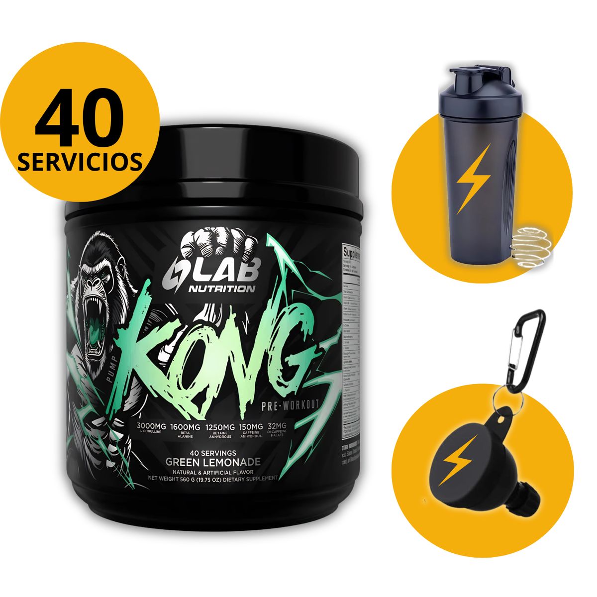 LAB NUTRITION USA - PRE ENTRENO PUMP KONG 560 GR + PORTASUPLEMENTOS + SHAKER