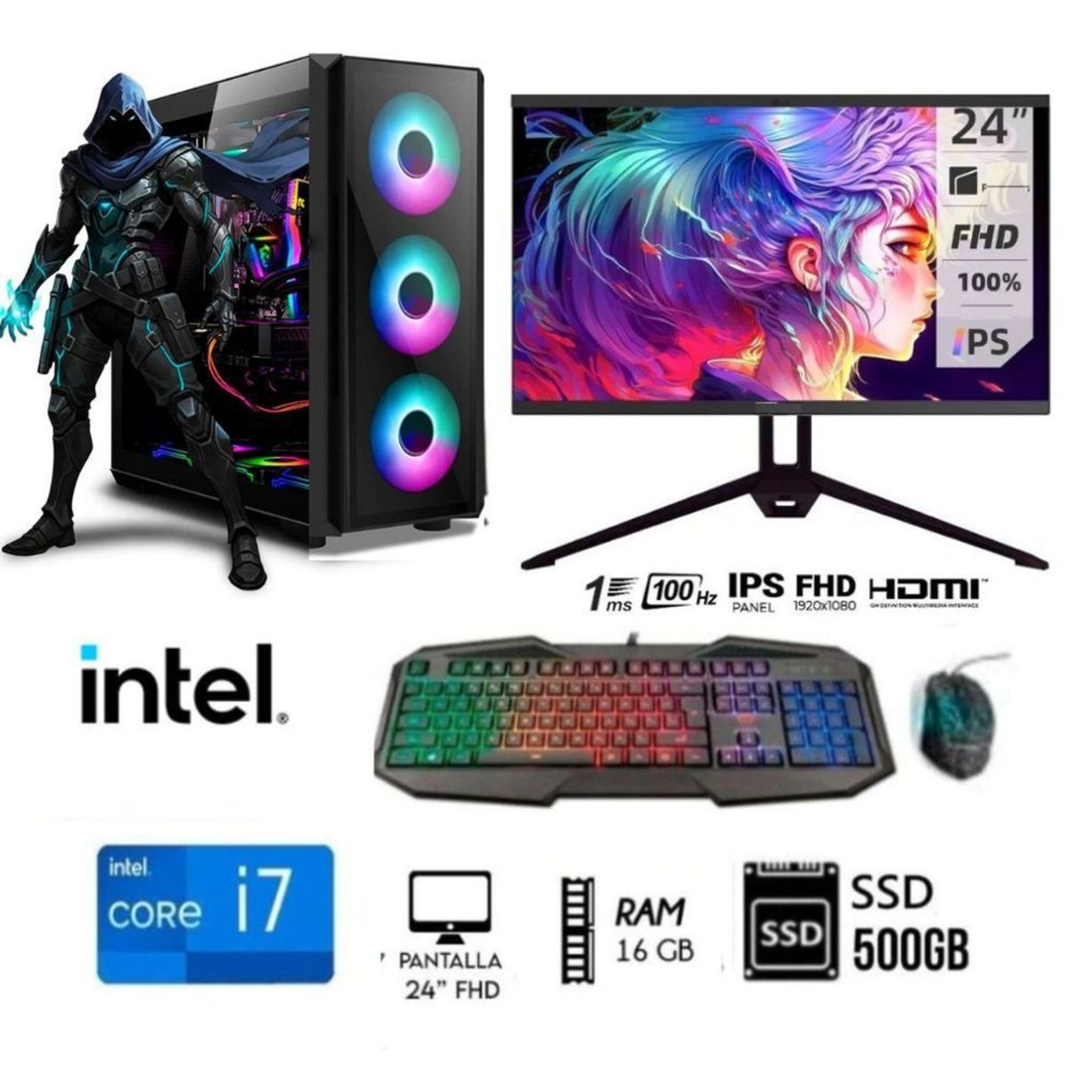 INTEL - Computadora PC INTEL CORE i7 3.2Ghz  Ram 16GB   SSD 500GB  Monitor 24 FULL HD