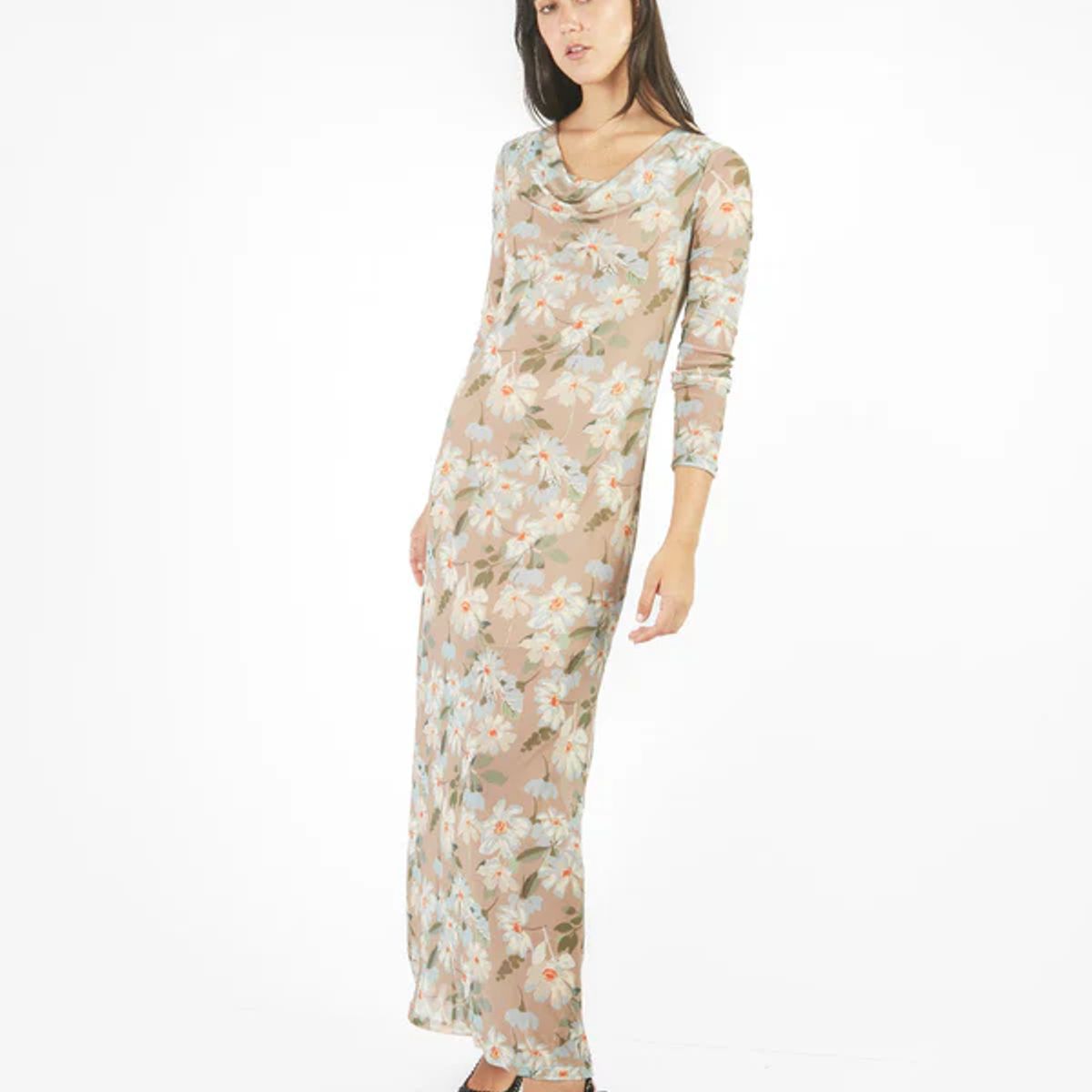 MICHELLE BELAU - Vestido maxi de mesh con escote caída de agua