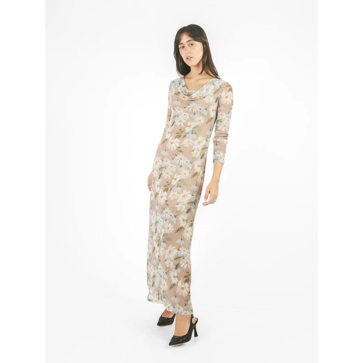 MICHELLE BELAU - Vestido maxi de mesh con escote caída de agua