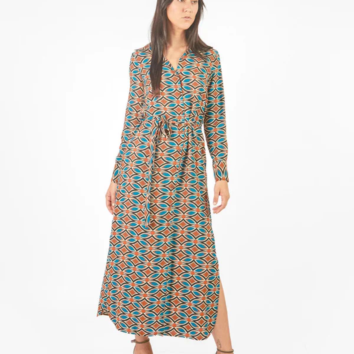 MICHELLE BELAU - Vestido maxi camisero estampado geométrico lazo cinturón
