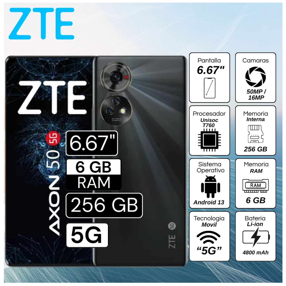 ZTE - Celular ZTE Axon 50 5G 6.67"  Pulg. 6GB RAM 256GB Android 13 - Negro