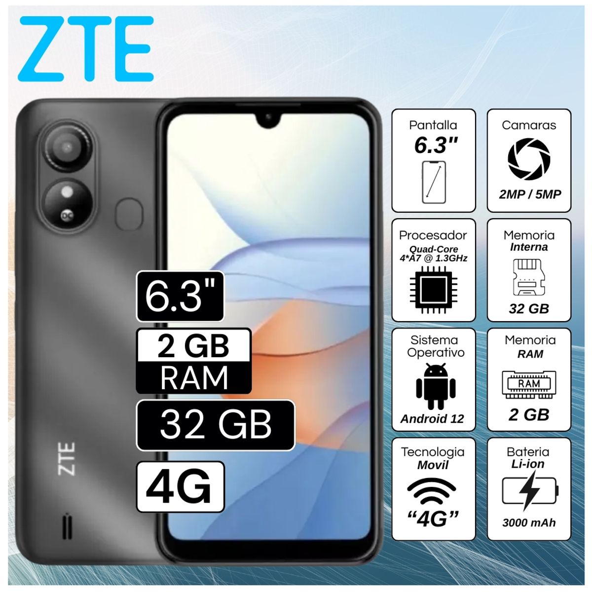 ZTE - Celular ZTE L220  6.3"  Pulg. 2GB RAM 3GB Android 12 Go Edition - Negro