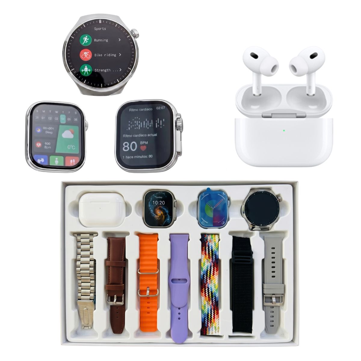 GENERICO - I90 SUIT, PACK 12 EN 1 - RELOJ SMARTWATCH + AUDIFONO + CORREAS PLATA