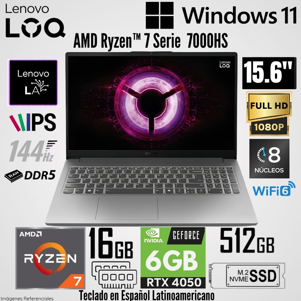 LENOVO - Laptop Lenovo LOQ 15ARP10E AMD Ryzen 7 7735HS 16GB RAM 512GB SSD RTX 4050-6GB 15.6"  FHD 144Hz