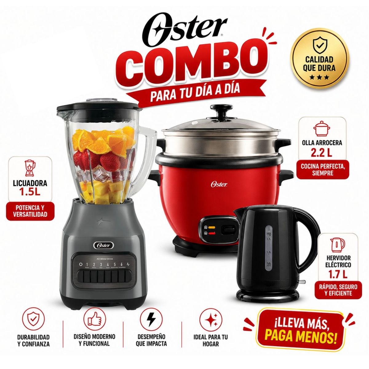 OSTER - Combo Olla Arrocera Oster  2.2 + Licuadora 6 velocidades + hervidor 1.7l oster