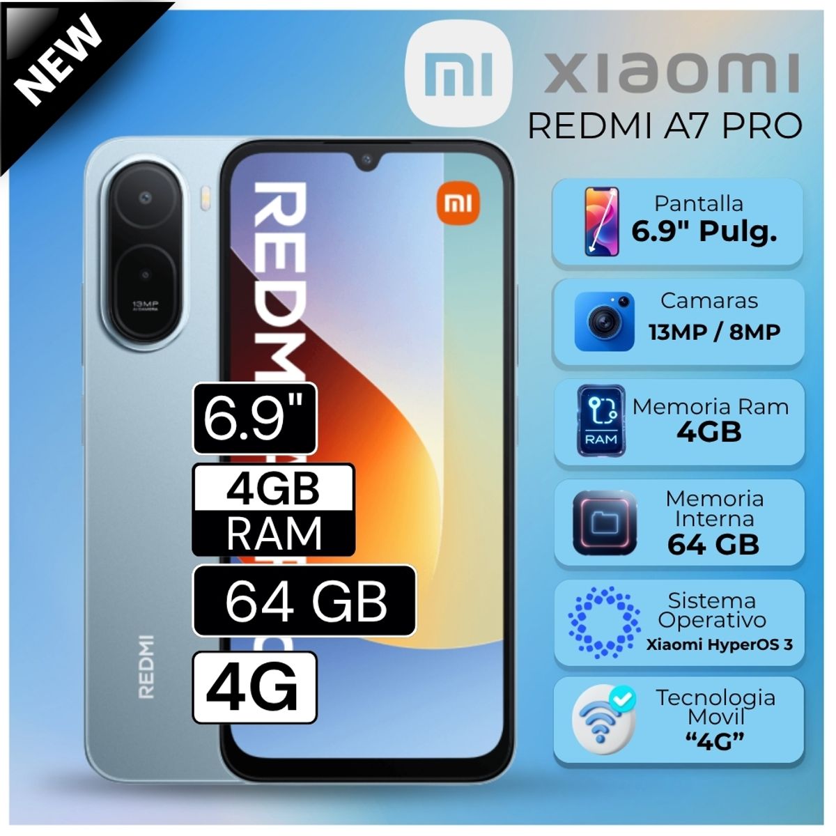 XIAOMI - Celular Xiaomi Redmi A7 Pro 6.9"  Pulg. 4GB RAM 64GB Xiaomi HyperOS 3 - Azul Niebla