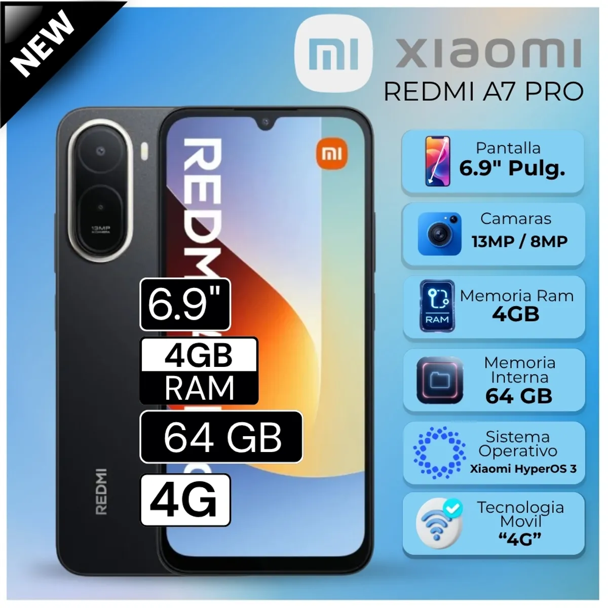 XIAOMI - Celular Xiaomi Redmi A7 Pro 6.9"  Pulg. 4GB RAM 64GB Xiaomi HyperOS 3 - Negro